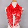 Red lace triangular scarf with rose floral pattern and elegant teardrop fringe details. - Red