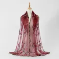 Wine Red Embroidered Mesh Scarf Long Floral Pattern Women Elegant Fashion Shawls - Red