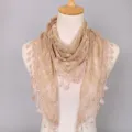 Elegant beige lace triangular scarf with rose pattern and water drop tassels for women. - Khaki