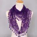 Purple lace triangular scarf with rose floral patterns and teardrop tassels for women. - Purple