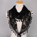 Black lace triangular scarf with elegant rose patterns and stylish teardrop fringe tassels. - Black