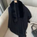 Black knit cape shawl for women winter warm fur collar fringe open front poncho cardigan coat - 1# Black