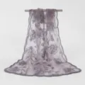 Grey sheer mesh scarf featuring delicate rose embroidery and elegant lace borders. - Leather Purple