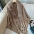 Women's Knitted Fur Collar Cape Shawl Fringe Open Front Cardigan Winter Warm Poncho Sweater - Khaki