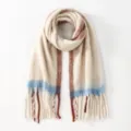 Cozy winter tassel scarf with chic stripe pattern, soft warm material for women casual daily wear. - Beige