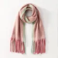 Korean dopamine color-block winter warm women scarf with cozy fringe design, soft and thick. - Pink