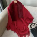 Red winter knitted shawl cape with plush fur collar and elegant tassel hemline design - 4# Wine Red