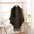 Dark green knitted poncho with fur collar, stylish winter cape shawl and cozy sweater coat. - 7# Army Green