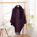 Purple knitted tassel cape with fur collar, winter women open front cardigan sweater. - Purple