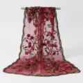 Red sheer embroidered mesh scarf with floral vine border, elegant long shawl for women. - 1# Wine Red