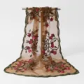 Sheer brown floral embroidered scarf with elegant scalloped lace trim for women spring autumn. - Coffee