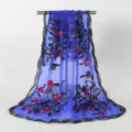 Blue embroidered sheer scarf for women, floral lace fringe long wrap shawl for spring summer. - 11# Royal Blue