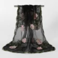 Black sheer mesh floral embroidered scarf, stylish long shawl for women spring summer. - VE200-1#