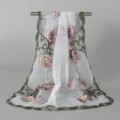 Women long sheer scarf with pink floral embroidery and green lace trim for spring summer. - VE200-2# White