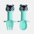 Joli set de cuillère et fourchette en silicone pour bébé avec design animal rigolo. - Raton laveur - Bleu cyan