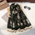 Black cute cat print cashmere feel winter scarf with tassels, cozy and warm fashion accessory. - 182*65cm / Black