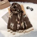 Brown cat print cashmere feel winter scarf with elegant tassels, soft warm daily fashion accessory. - 182*65cm / Coffee