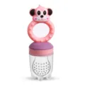 Baby fruit food feeder silicone pacifier teether with cute pink monkey handle and mesh pouch. - Monkey Style - Pink