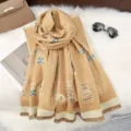 Cozy cashmere winter scarf featuring cute cat prints and chic fringe trim for women. - 182*65cm / Khaki