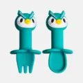 Set de fourchette et cuillère d'apprentissage en silicone pour bébé au design d'oiseau mignon. - Hibou bleu encre