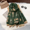 Cozy winter cashmere scarf with cute cat print, warm and stylish fashion accessory for women. - 182*65cm / Green