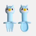 Set cuillère fourchette bébé en silicone, adorable design d'oiseau pour l'apprentissage du repas. - Hibou bleu clair