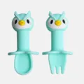 Ensemble cuillere et fourchette bebe en silicone, design d'oiseau mignon, vert menthe. - Hibou cyan