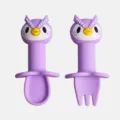 Joli ensemble de cuillère et fourchette en silicone pour bébé et tout-petit en violet. - Hibou Violet