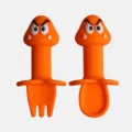 Ensemble de cuillère et fourchette pour bébé en silicone orange avec visage rigolo. - Monstre champignon orange