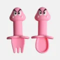 Ensemble de fourchette et cuillère d'entraînement en silicone rose pour bébé avec motif rigolo. - Monstre champignon rose