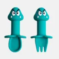 Joli set de cuillère et fourchette en silicone pour bébé avec design de monstre rigolo. - Monstre champignon bleu encre