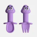 Kit cuillère et fourchette d'apprentissage en silicone pour bébé avec garde anti-étouffement. - Monstre champignon violet