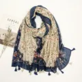 Women vintage floral printed scarf with tassels, breathable cotton linen feel shawl detail. - Navy Blue Print / 180cm