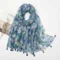 Women's blue botanical leaf print linen-feel scarf with chic tassel fringe, spring summer travel. - Blue White Leaf / 180cm