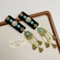 Etnische Türkis Quaste Seiten Haarspange Retro Blumen Pony Clip Samt Haarschmuck Damen - Türkis Blumen-Stil (Z-3869)