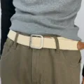 Ceinture tressée pour hommes et femmes, sangle en toile décontractée avec boucle carrée. - Boucle Carrée Argentée / Beige