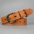 Women brown hollow leather belt with metal pin buckle casual jeans waist fashion accessory - Camel
