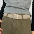 Ceinture en toile tressée décontractée boucle métallique unisexe réglable beige - Boucle Carrée Argentée / Gris