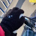 Vue détaillée de gants d'hiver mignons en peluche avec broderie de patte d'ours, chauds. - Noir