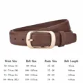 Ceinture en cuir marron caramel avec boucle ardillon dorée, guide des tailles élégant. - Boucle Dorée Caramel
