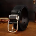 Men's black leather belt with gold pin buckle, casual durable waist strap for jeans daily use. - Black with Gold Buckle
