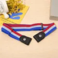 Detail view of buckleless elastic stretch belt for women, featuring red white blue stripe. - Blue White Red