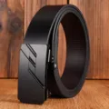 Ceinture en cuir noir durable pour homme avec boucle métallique automatique style d'affaires - Boucle Triple Barre Métal / 120cm / Noir