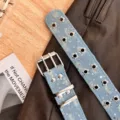Y2K retro star rivet denim belt for women, trendy distressed eyelet waist strap fashion accessory. - Light Blue Denim