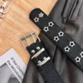 Retro star rivet denim belt Y2K style metal eyelet double buckle stylish waist accessory - Denim Black Gray