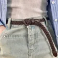 Ceinture tressée femme en cuir avec boucle ardillon rétro décontractée fine pour robe jeans - Café