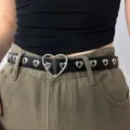 Trendy black leather belt for women featuring metal heart buckle and heart eyelets. - Full Heart Punch / Black