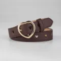 Women brown heart buckle belt PU leather hollow out jeans waist belt casual style - Coffee