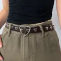 Brown leather belt with heart-shaped buckle and cute grommets for women fashion style. - Versatile / Coffee