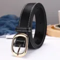 Ceinture en cuir PU noir pour femme avec boucle ovale dorée et coutures blanches tendance. - Noir (Boucle Dorée)